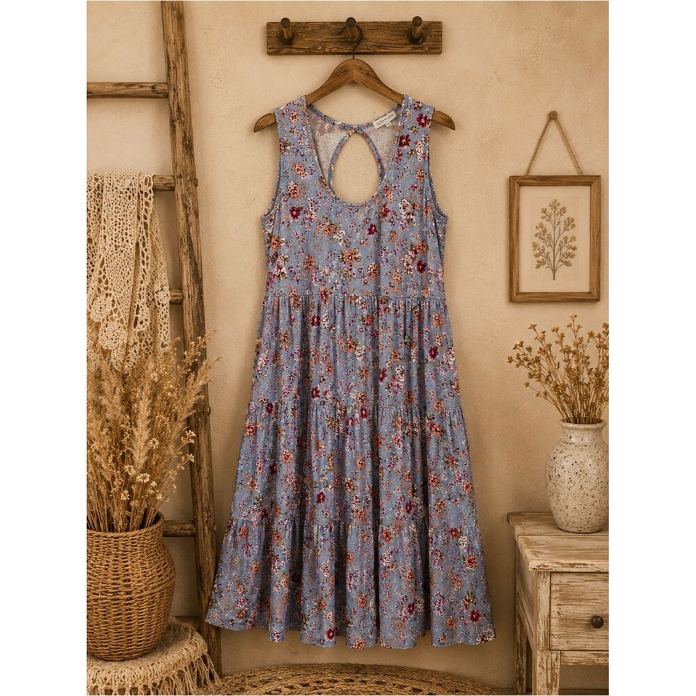 Ultra Flirt Dress Sleeveless Blue Multicolor Floral Tiered Cottagecore XL Summer